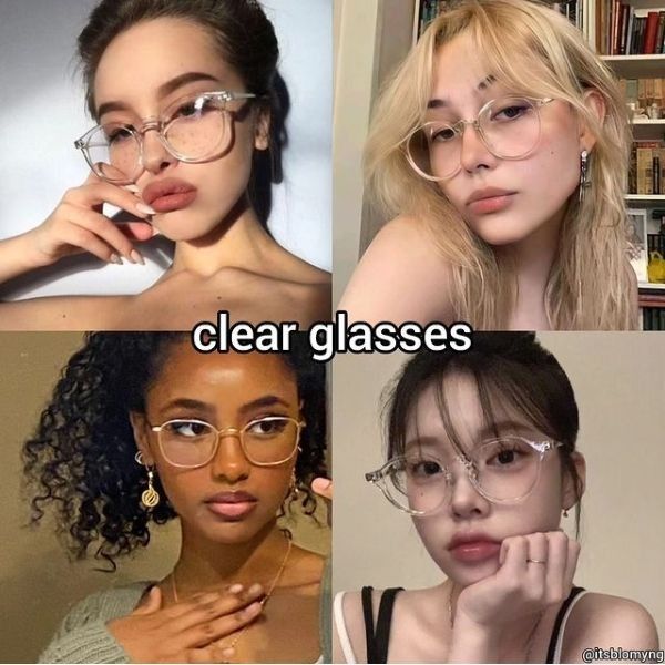 Comment and follow for more glass frames for women Glasses On Round Face Frames, Clear Frame Glasses Aesthetic, Glasses Ideas For Round Face, Makeup For Clear Glasses, Aesthetic Glasses Frames For Women, Frame Specs Women, Baddie Glasses Frames, Aesthetic Specs Frames Women, Clear Glasses Outfit