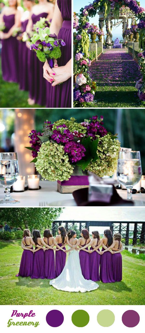 purple and green wedding color scheme for the bridesmaid's dress, bouquets and