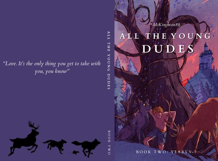 an illustrated book cover for all the young dudes, with two deer running in front of it