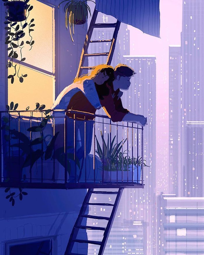 two people are sitting on the balcony and one is holding an umbrella while another looks out at the city