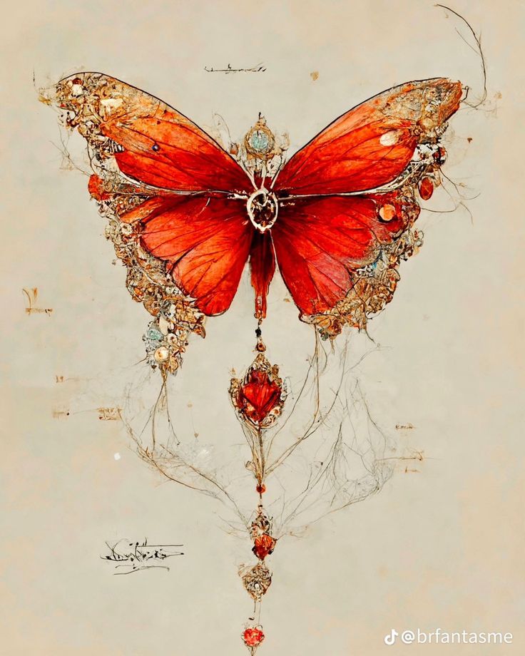 a drawing of a red butterfly with intricate details on it's wings and tail