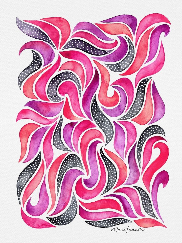 watercolor painting of pink and purple swirls with dots on the bottom, in white paper