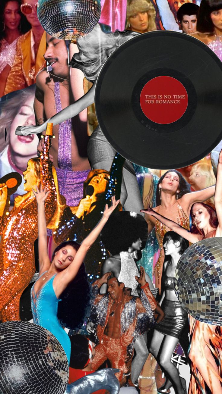 a collage of disco dancers, disco balls and vinyl records with the words'this is not time for romance '