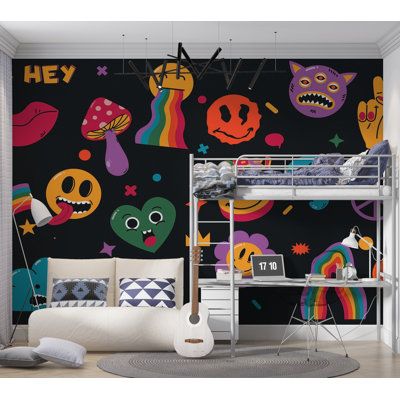 a bedroom with a bunk bed and colorful wallpaper