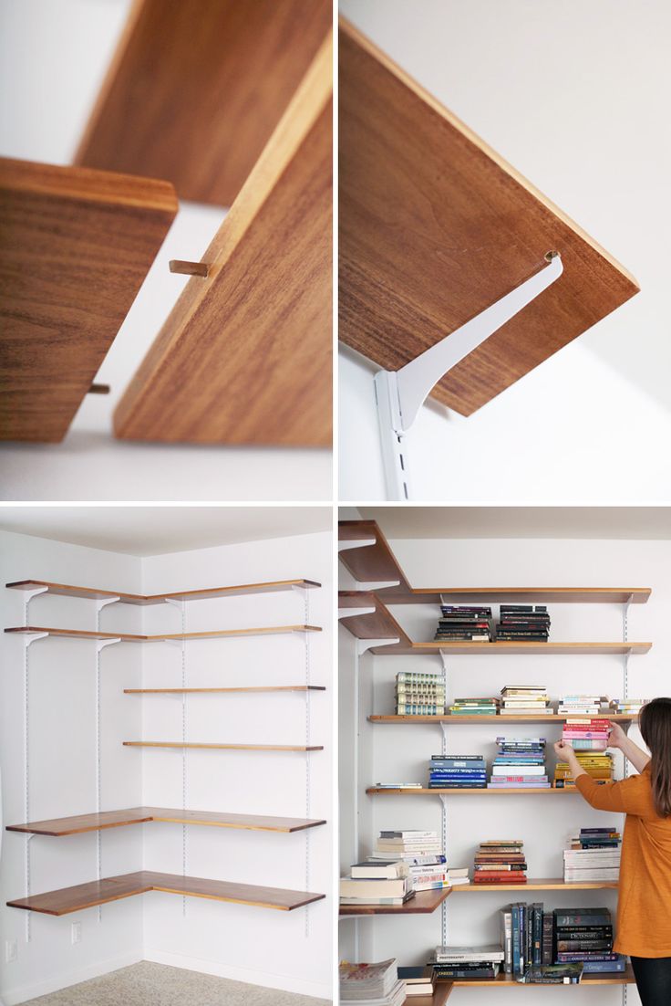 the shelves in this room are made out of wood and have bookshelves on them