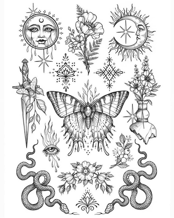 a tattoo design with flowers, butterflies and other things on it's back side