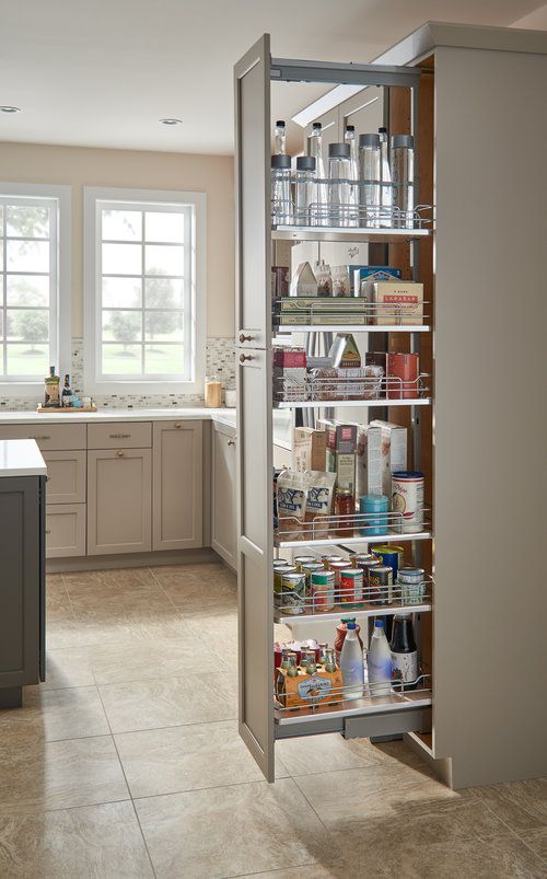 an open pantry door in the middle of a kitchen