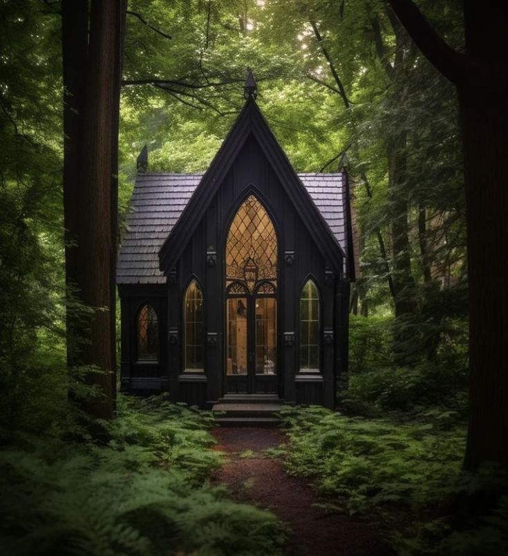 a small black church in the middle of a forest with tall trees and green ferns