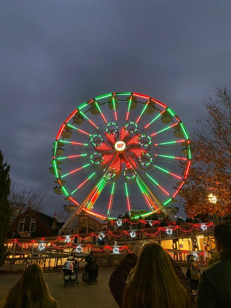 the ferris wheel is lit up at night