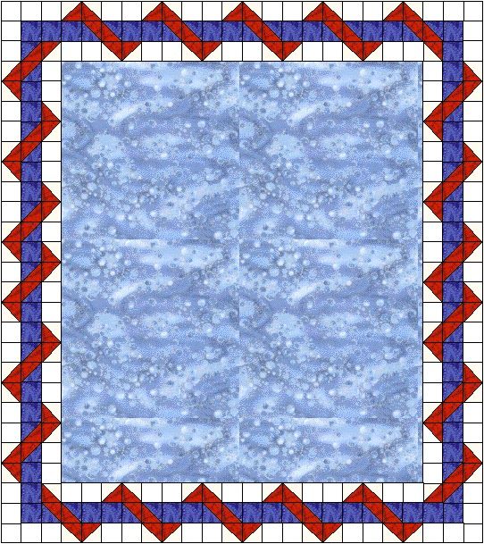 a blue and red quilted square with squares in the center, on a white background