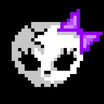 an old school pixel art style image of a skull with a purple bow on it's head