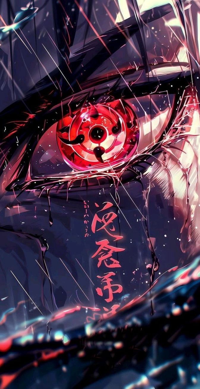 an anime character's eye is shown in the rain