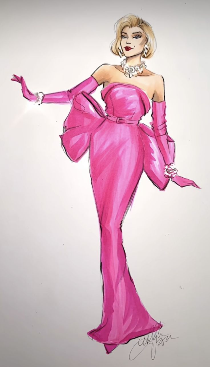 a drawing of a woman in a pink dress