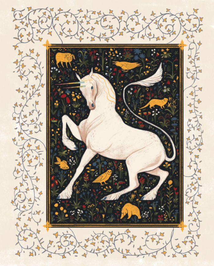 a white unicorn on its hind legs in an ornate frame