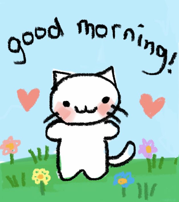 a drawing of a cat with the words good morning on it