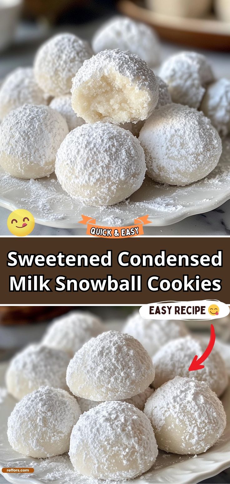 two pictures show how to make powdered condensed milk snowball cookies with easy recipe