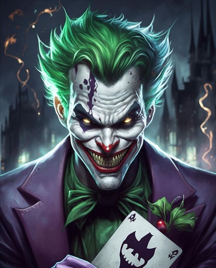 the joker is holding a card in his hand