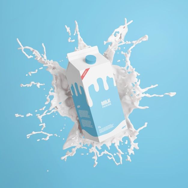 a carton of milk with splashing milk on it's side against a blue background