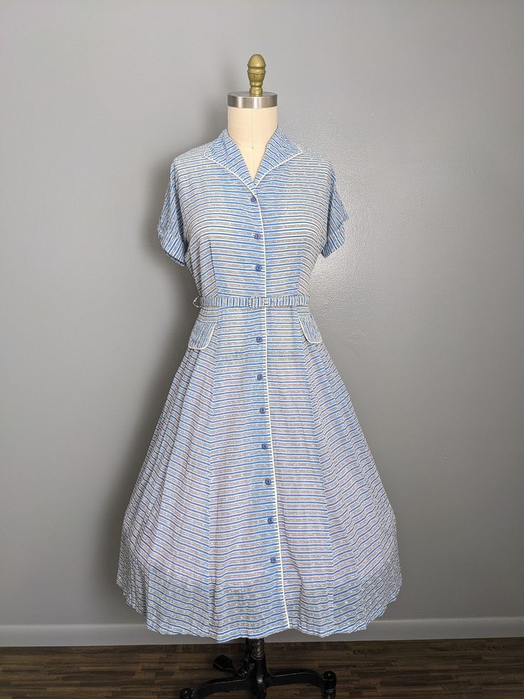 "What an incredibly stunning 1940's original handmade striped chiffon summer shear dress! In fantastic condition, with no signs of wear or tear. The pockets are unfortunately fake! Measurements: Bust: 38\" Waist: 31\" Hips: 48\" Shoulder to hem: 41 1/2\" Sleeve length: 7\" Cuff: 16\"  Belt length: 36\"" Vintage Striped Summer Dresses, Vintage Striped Dresses For Daywear, Vintage Short Sleeve Striped Dress, 1940s Beach, Vintage Clothes 1940s, Period Clothing, Grey Gardens, Period Outfit, Belt Length