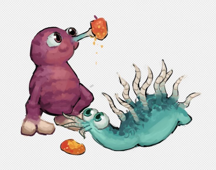 an image of a cartoon monster eating something out of its mouth and another creature looking at it