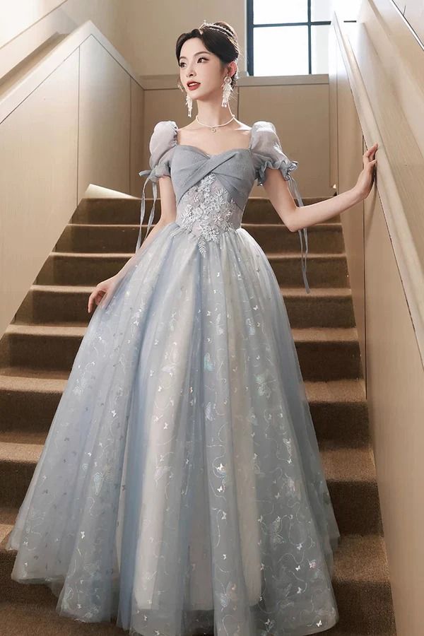 Beautiful Tulle Short Sleeves Formal Dress with Lace Lovely Blue Long – Buyishang Dresses Butterfly Prom Dress, Shen Wei, Floor Length Prom Dresses, Beautiful Prom Dresses, Evening Formal, Prom Dresses Blue, Formal Dresses Prom, Tulle Lace, Dress With Lace