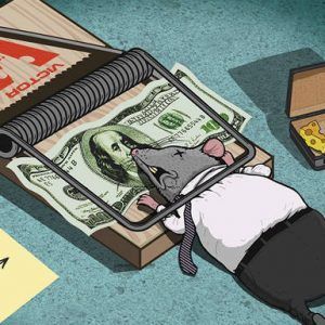 a mouse in a suit and tie sitting on the ground next to a pile of money