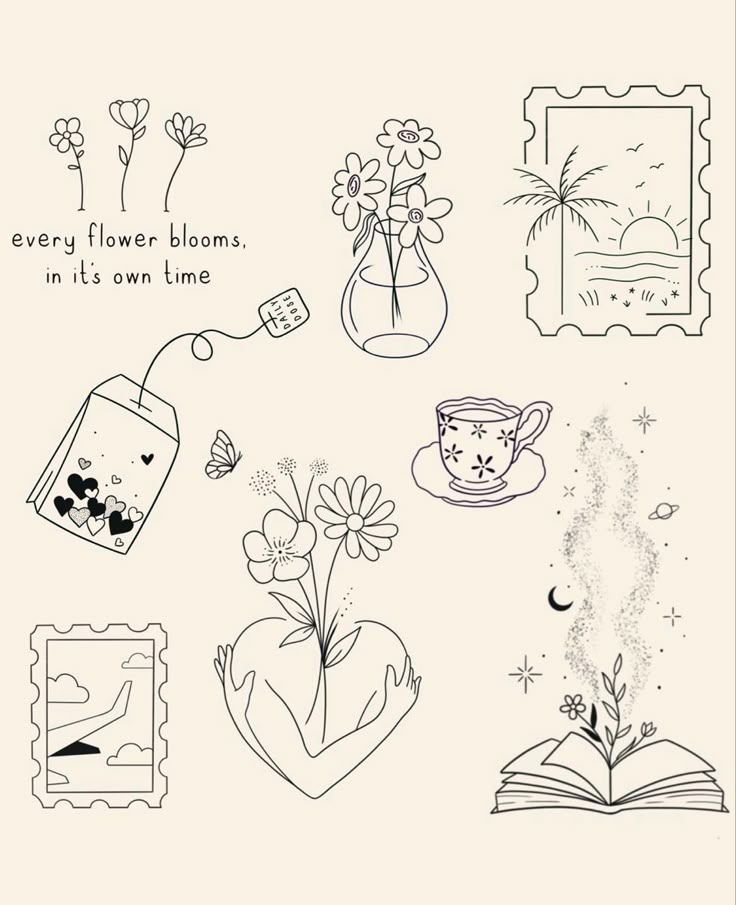 some flowers and pictures on a white background with the words every flower blooms in it's own time