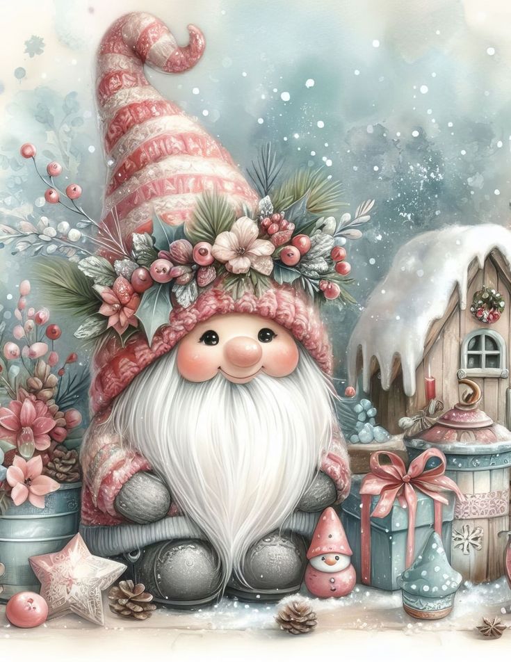 a painting of a gnome sitting in front of christmas decorations