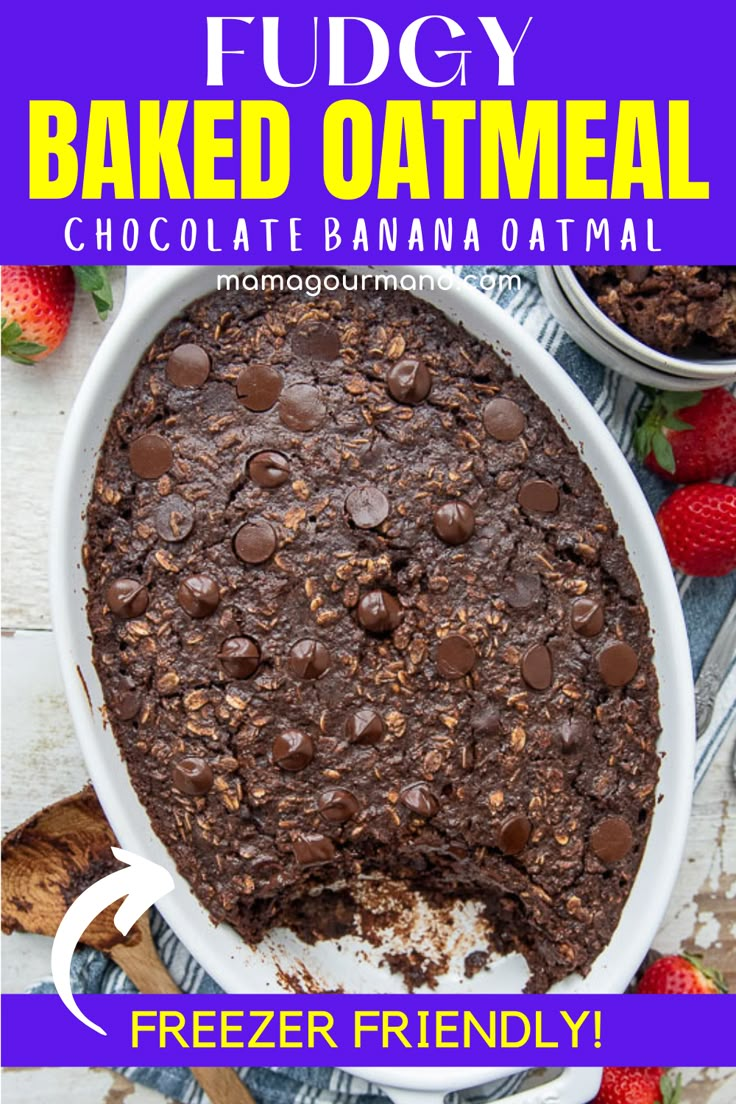 a close up of a baked oatmeal in a bowl with chocolate chips