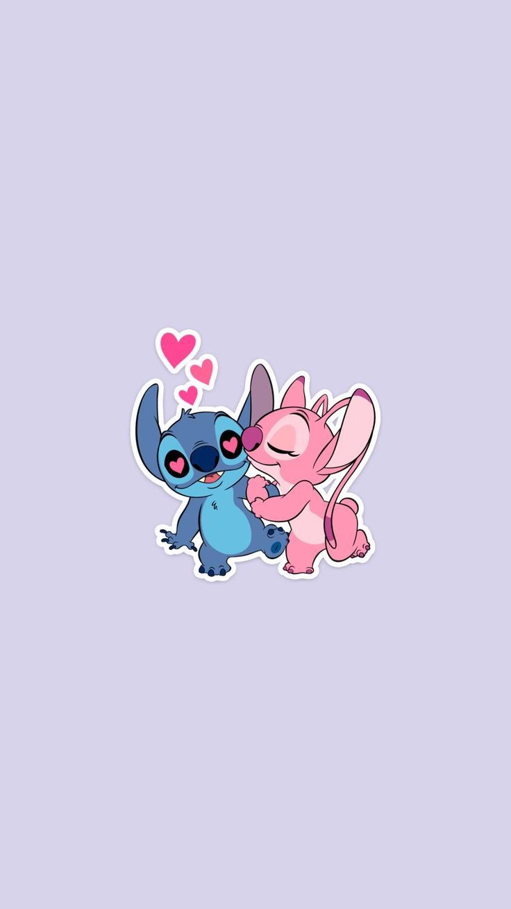 stitch and stitch wallpaper with hearts in the background, one is hugging another's face