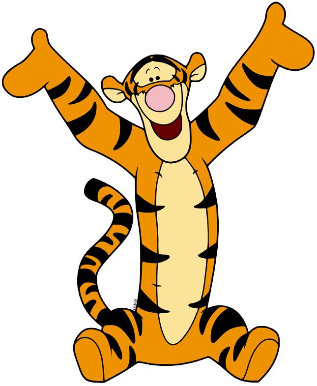 a cartoon tiger sitting on the ground with its arms in the air