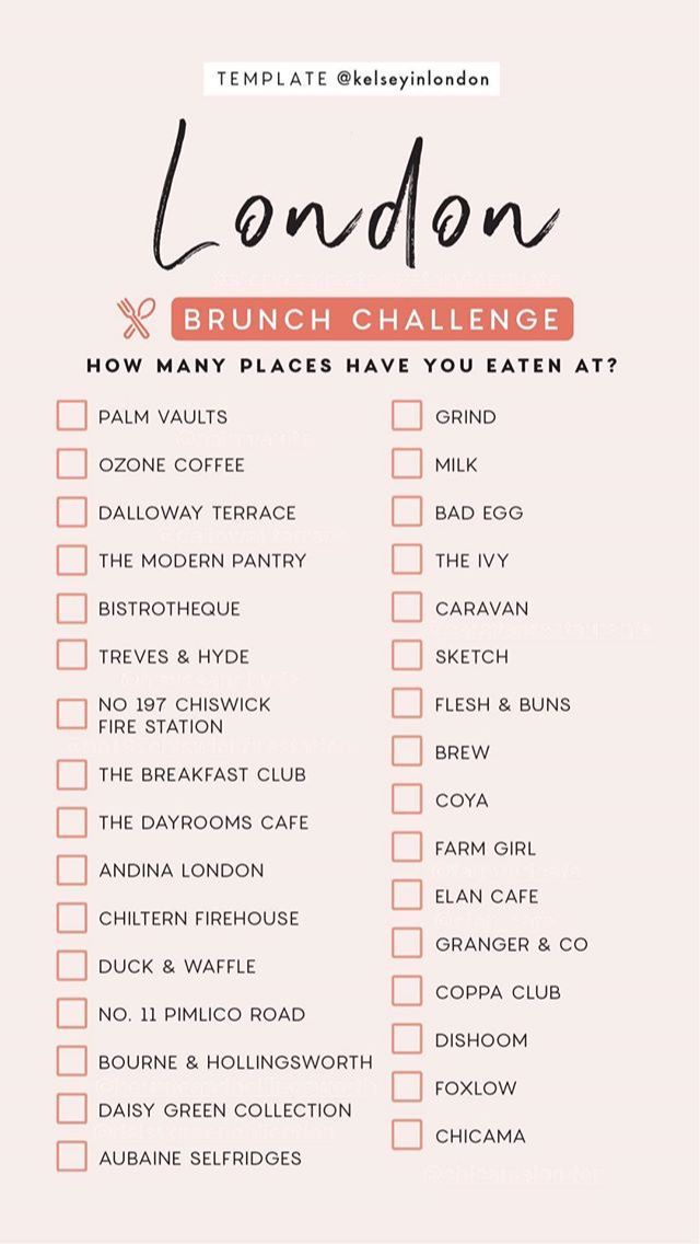 the london brunch challenge checklist is shown in red and white with text