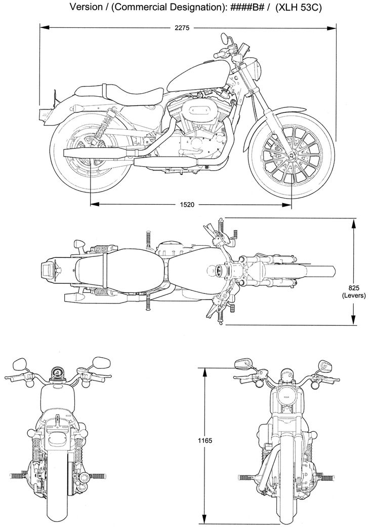 an image of a motorcycle with measurements for the front and rear wheel, side view