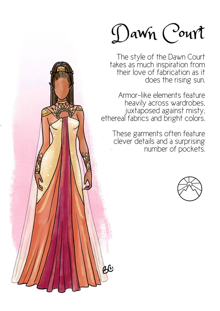 a drawing of a woman in an orange and pink dress with words describing how she is wearing