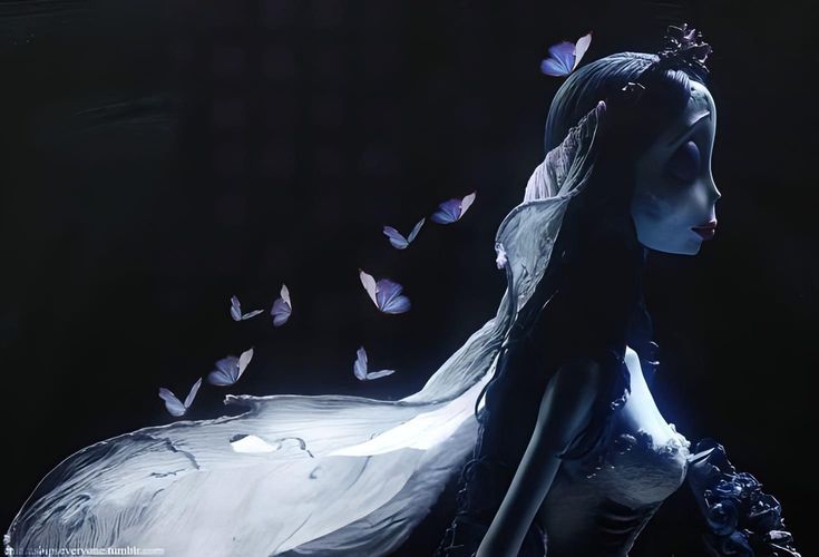 a woman in white dress with butterflies flying around her