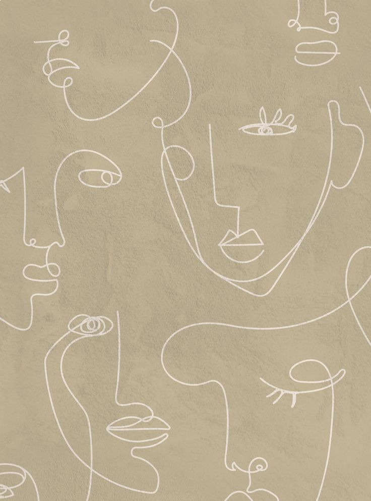 an abstract drawing with white lines on a beige background that has faces drawn in different shapes and sizes