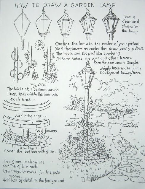 the instructions for how to draw a garden lamp