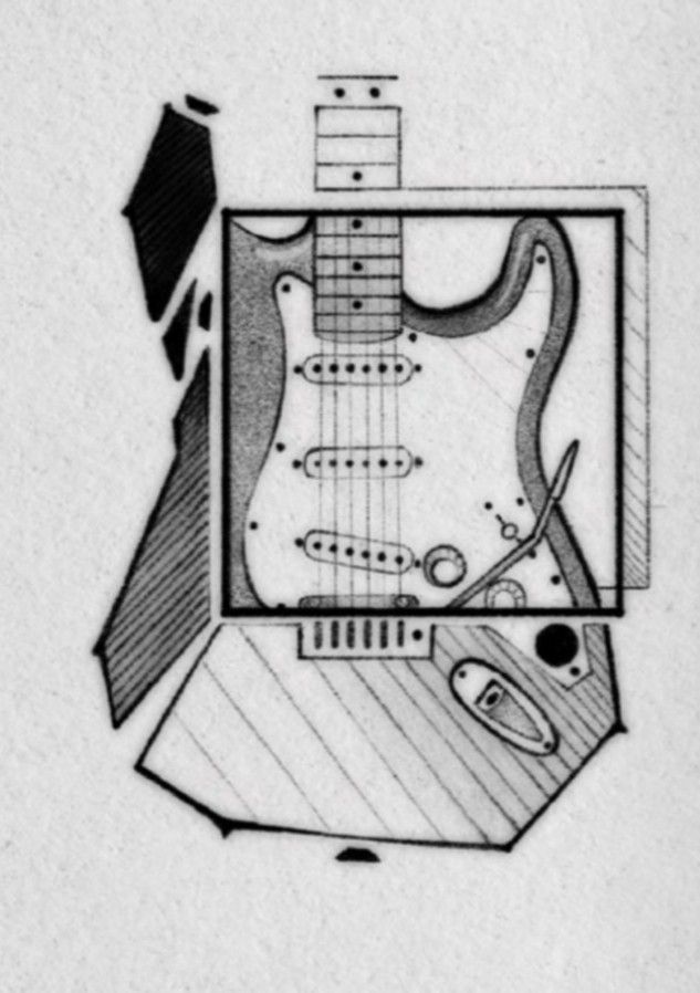 a drawing of an electric guitar in a box