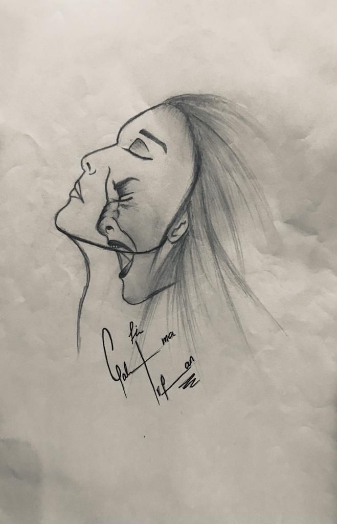 a pencil drawing of a woman's face with her hair blowing in the wind