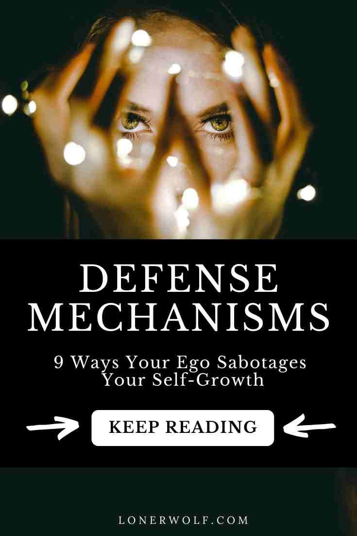 a woman holding her hands up to her face with the words defense mechanismss on it