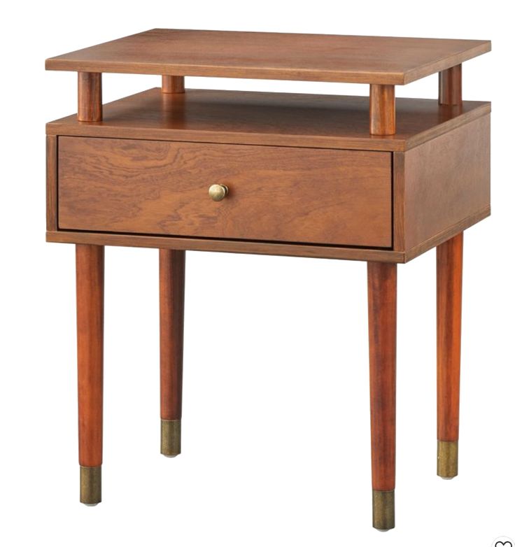 a wooden table with two drawers on one side and an open drawer on the other