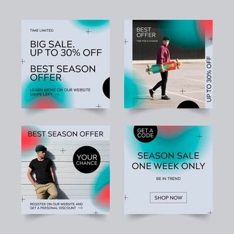 four instagrams for the season sale are shown in three different colors and styles