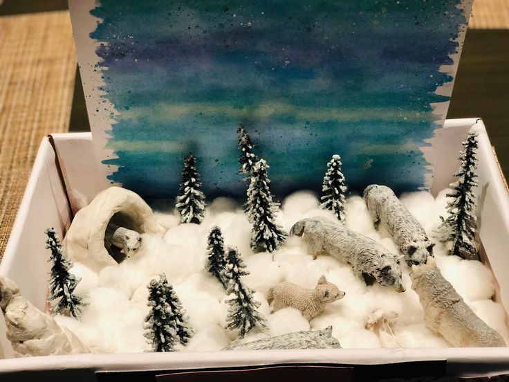 a box filled with fake snow and trees