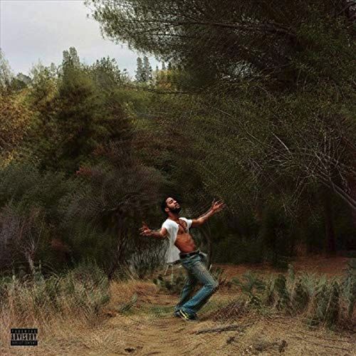 a man is jumping in the air on a dirt road surrounded by tall grass and trees