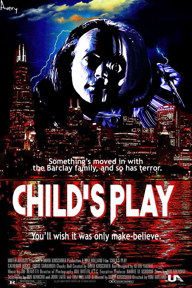 the poster for child's play is shown in red and black with an image of a