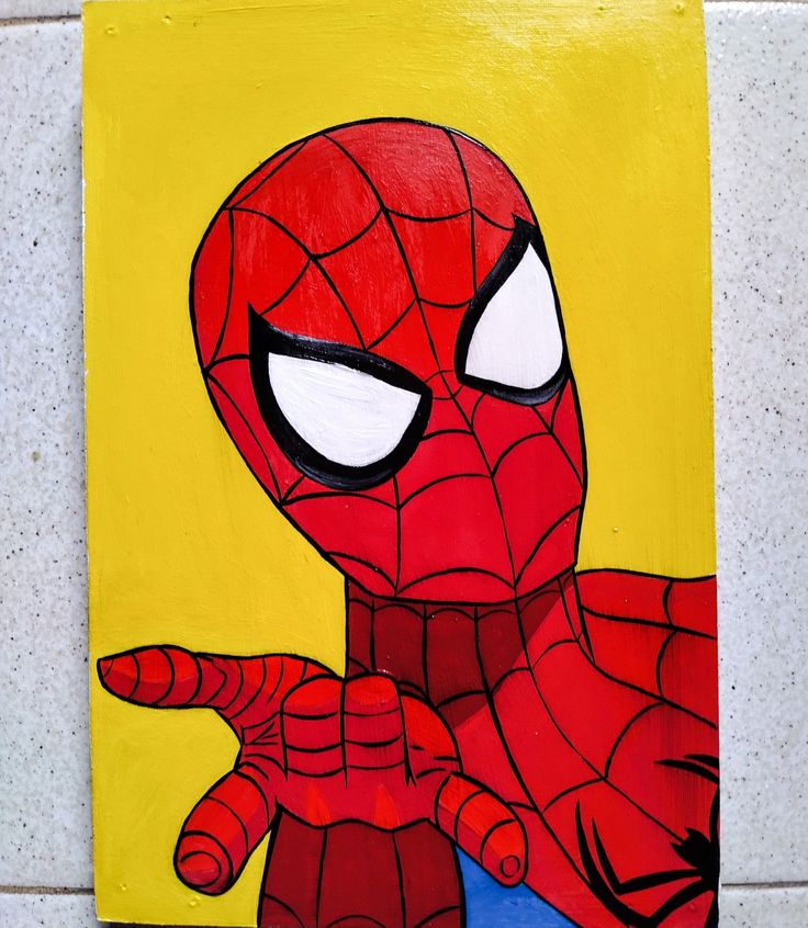 a painting of a spider man pointing at something