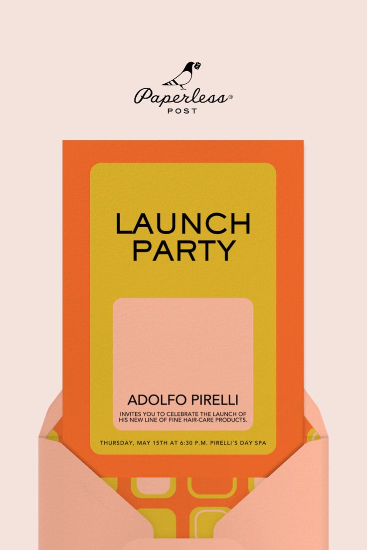 an open pink envelope with the words launch party on it's front and bottom