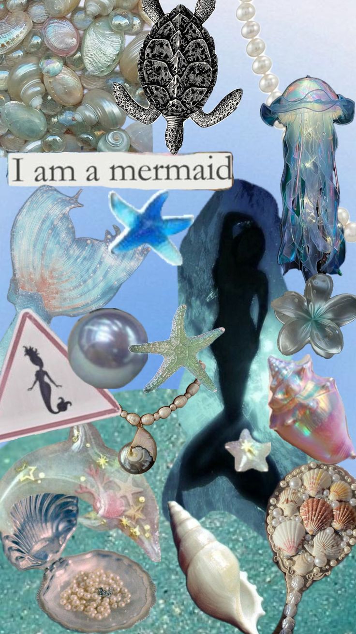 a collage of sea shells and mermaids with the words i am a mermaid