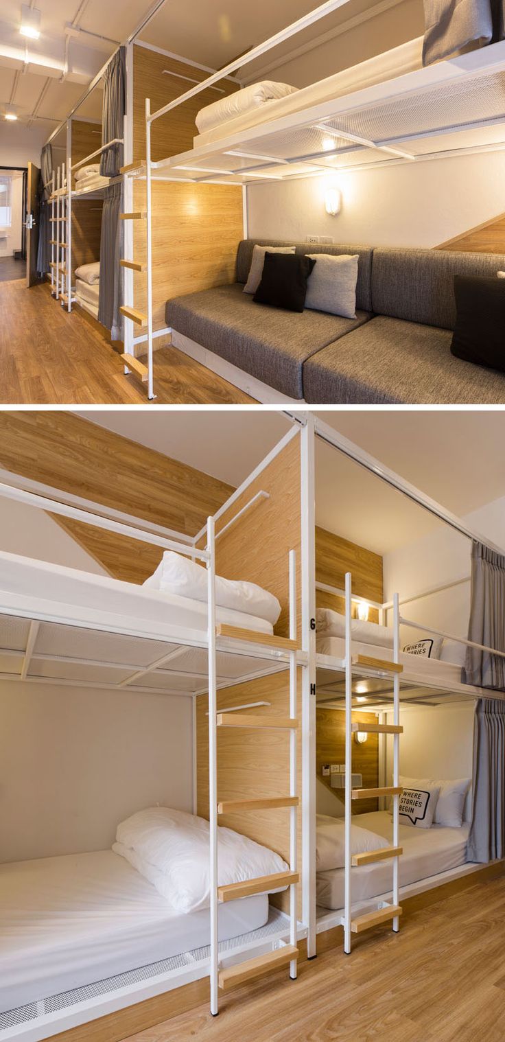 bunk beds and couches in a small room with wood flooring on both sides