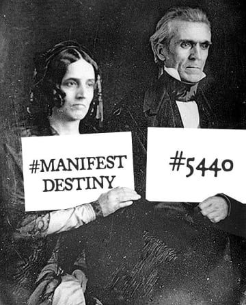 two people holding up signs that say, manfest destiny and'54